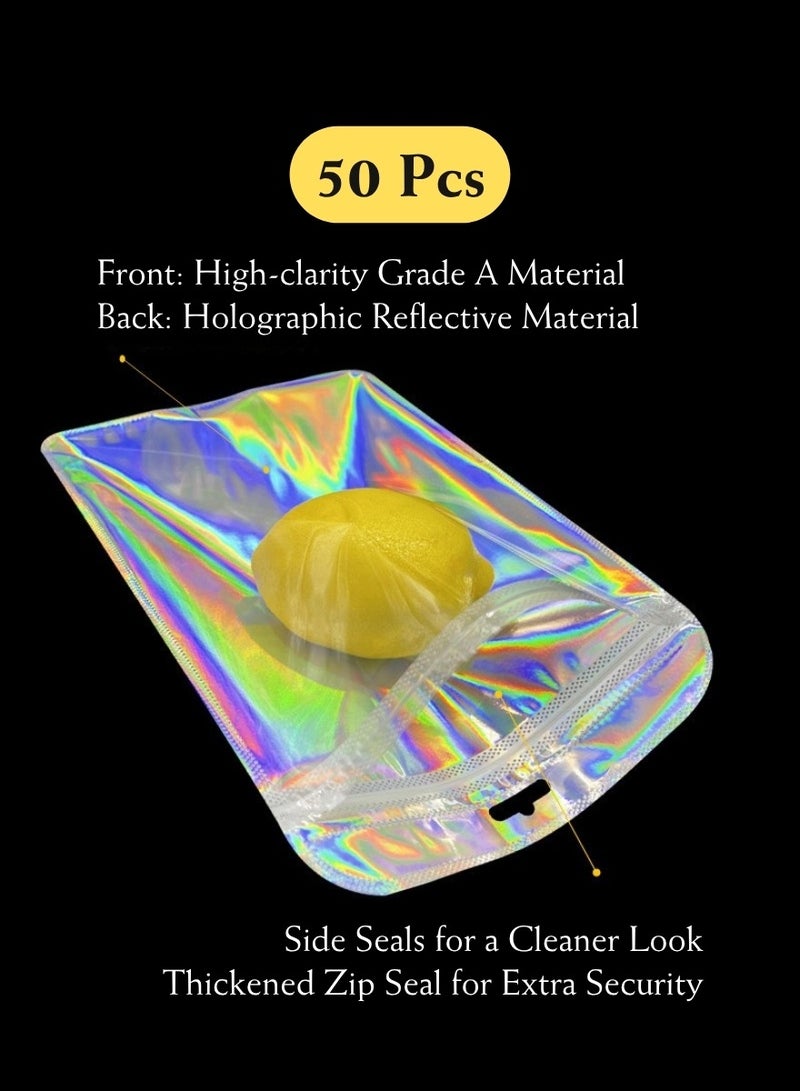 50 قطعة من أكياس الهولوغرام القوس قزح متوسطة الحجم القابلة للإغلاق (10x18.5 سم / 3.94"x7.28") | أكياس بديلة للزيبلوك فضي ممتاز مع واجهة شفافة وخلفية معدنية وزوايا مستديرة | تغليف عرضي ذاتي الإغلاق لمستحضرات التجميل، الإكسسوارات، الحلويات، الصابون، هدايا الحفلات، بائعي إتسي، هدايا رمضان والمناسبات | أكياس تخزين هولوغرامية لامعة للمشاريع الصغيرة - Image 1