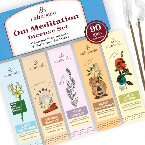 Calmveda Ōm Meditation Incense Sticks - (5 Variants, 60 Insenses) Charcoal Free Inscents-Sticks | Nag Champa, 60s Patchouli Incense, Lavender Incense, Cinnamon & Sandalwood Incense, Perfect Care Gift - Image 1