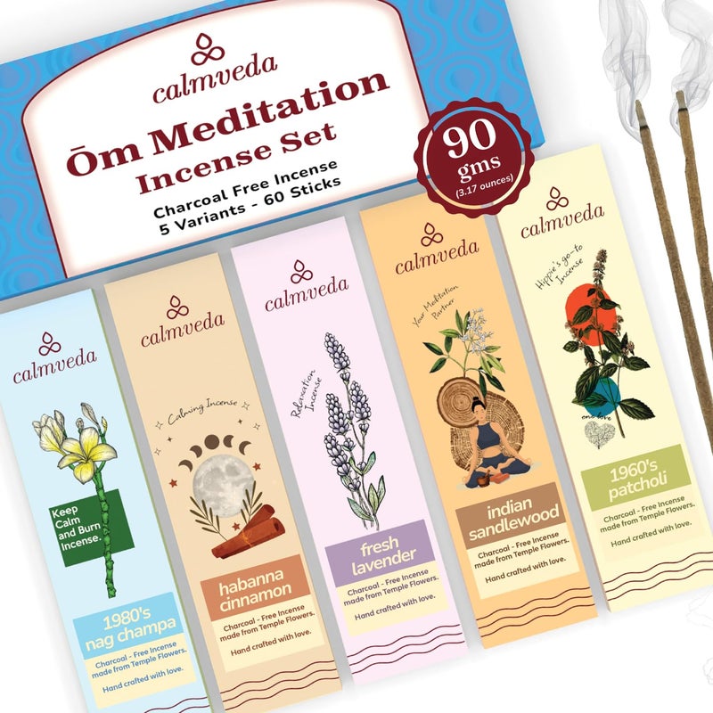 Calmveda Ōm Meditation Incense Sticks - (5 Variants, 60 Insenses) Charcoal Free Inscents-Sticks | Nag Champa, 60s Patchouli Incense, Lavender Incense, Cinnamon & Sandalwood Incense, Perfect Care Gift - Image 5