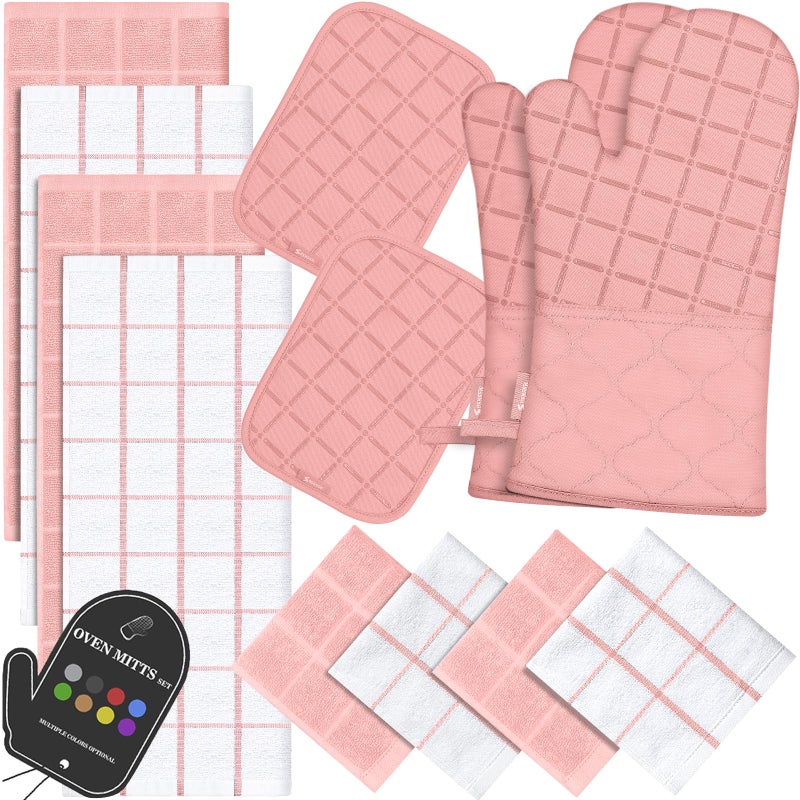 BSKSSK Oven Mitts Pot Holders Sets/Kitchen Towels and Dishcloths  Oven Gloves Kitchen Dish Towels 500 Degree Heat Resistant Potholders with Non-Slip Silicone Surface for Cooking  Grilling  Baking-PINK - Image 1
