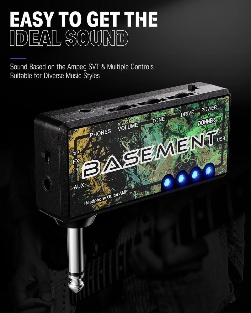 Donner Bass Guitar Headphone Amp Basement USB Rechargeable Mini Portable Bass Headphone Amplifier - Image 2