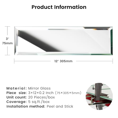 Adedeo Peel and Stick Beveled Mirror Glass Subway Tile Sliver 3 x 12 Inch for Kitchen Backsplash Bathroom Wall （20 Pcs） - Image 3