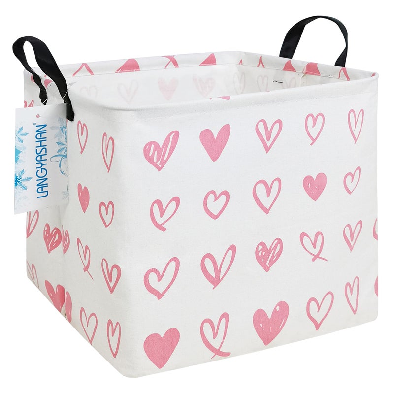 LANGYASHAN Square Storage Baskets Waterproof Canvas Children Laundry Nursery Hamper for Shelves Gift Baskets Toy Organizer Room Decor Square Pink Heart - Image 2