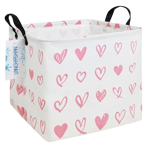 LANGYASHAN Square Storage Baskets Waterproof Canvas Children Laundry Nursery Hamper for Shelves Gift Baskets Toy Organizer Room Decor Square Pink Heart - Image 1