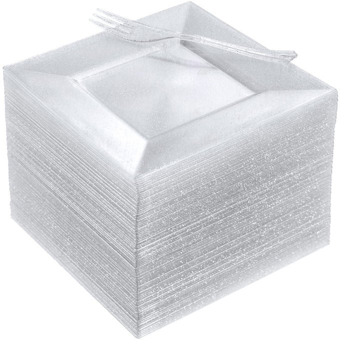 100 PCS PLASTIC DESSERT PLATES 6 WITH 100 PCS PLASTIC FORKS 57 SILVER GLITTER DISPOSABLE SQUARE PLATE FANCY SALAD PLATE APPETIZER PLATES AND SILVER FORKS COMBO BULK SET FOR WEDDING PARTY