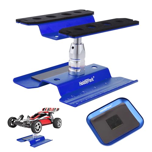 Hobbypark Aluminum RC Car Work Stand Repair Workstation 360 Degree Rotation LiftLower wScrew Tray for 110 112 116 Scale Car Truck Buggy Navy Blue with Screw Tray - Image 1
