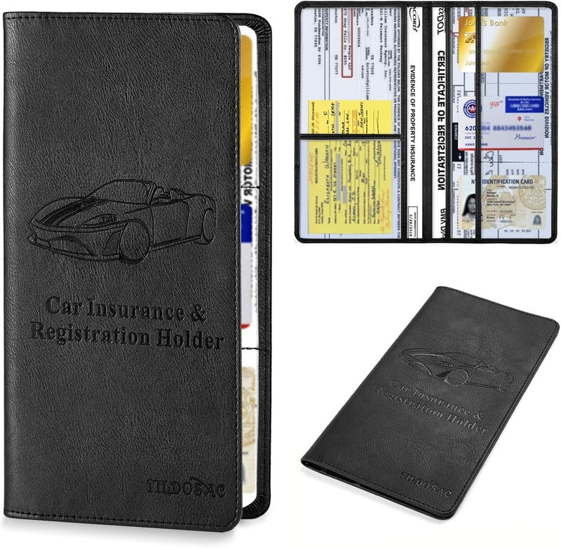 TILDOSAC Leather Car Registration and Insurance Card Holder, Car Document Holder for Cards License with Magnetic Shut (Black, large) - Image 1