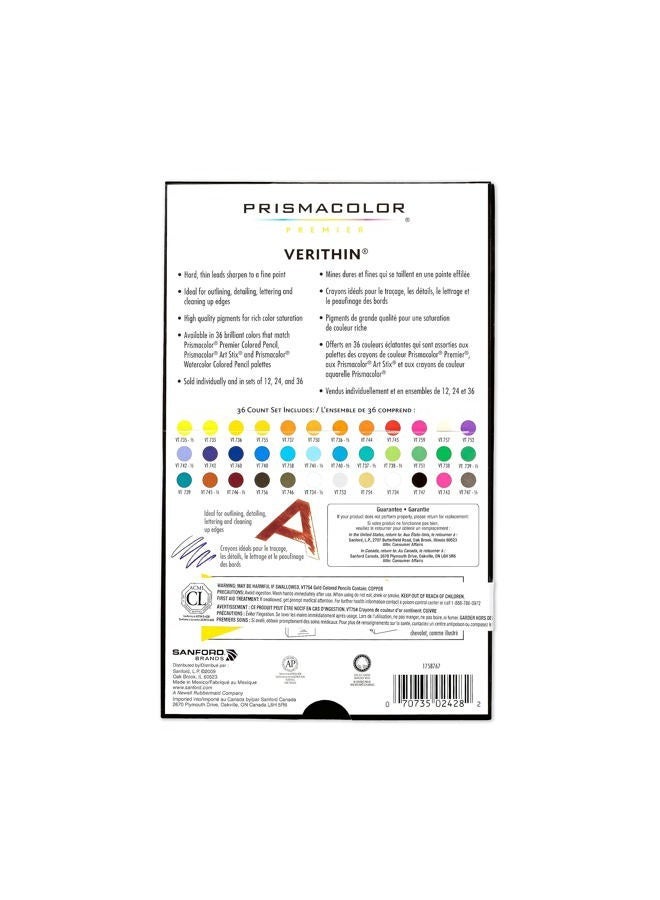 Prismacolor Premier Verithin Colored Pencils, Assorted Colors, 36 Pack Of 1 Box  (2428) - Image 2