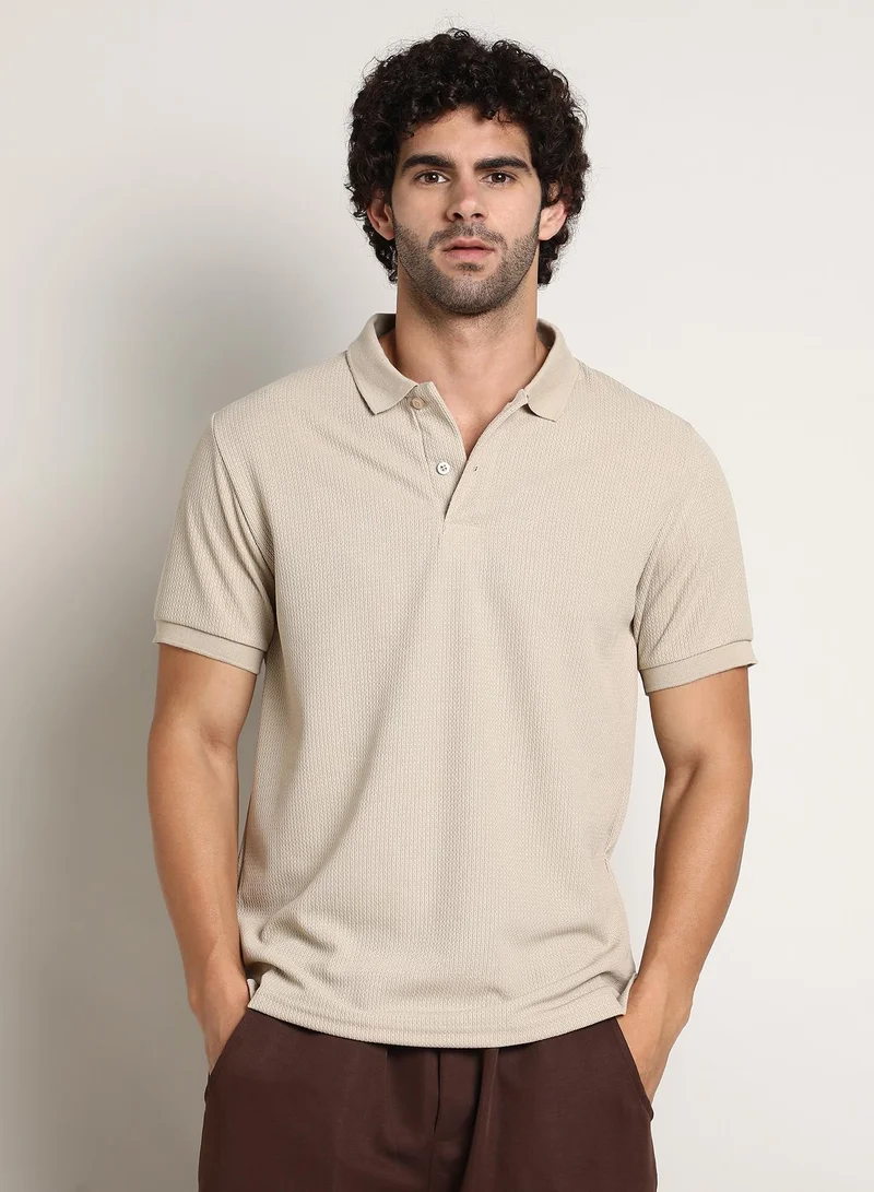 Campus Sutra Men's Saltbox Beige Chainlink-Ribbed Polo T-Shirt