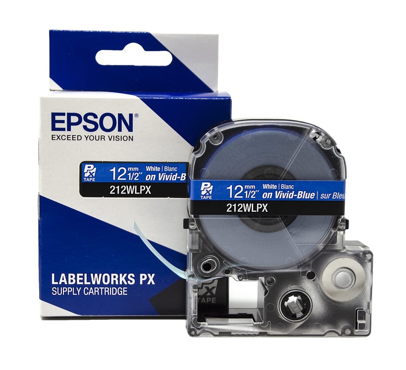 LABELWORKS Epson 212WLPX Genuine PET (Polyester) Tape Cartridge - White on Blue Label Maker Tape - 1/2" (12MM) Wide, 30' - Image 1