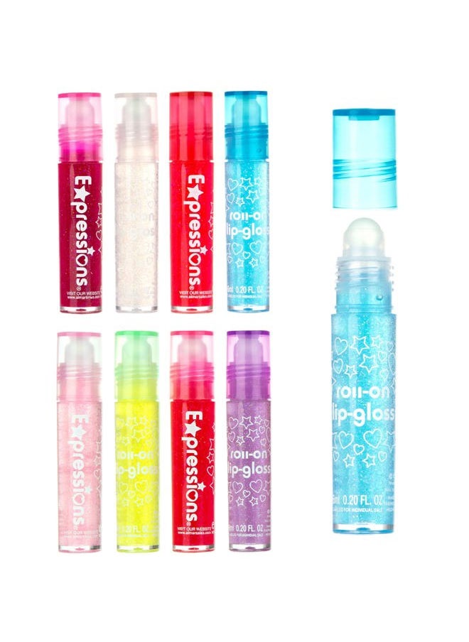 Expressions 8pc Roll-On Glitter Lip Gloss Set for Kids - Assorted Flavors Lip Oil Gloss, .2 Fl Oz Liquid Lipgloss 