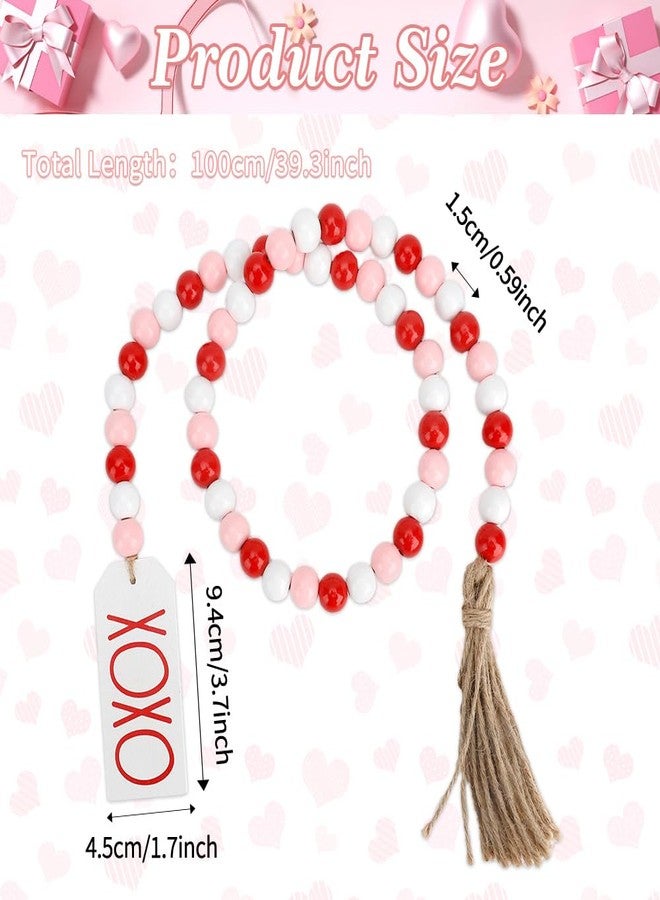 RHOttbiy Valentine's Day Wood Bead Garland with Tassel XOXO Tags Rustic Valentines Wooden Beads Pink Red White Beads Wall Hanging Farmhouse Wood Bead Garland Decor for Tiered Tray Vase Home Wedding Decorations - Image 3