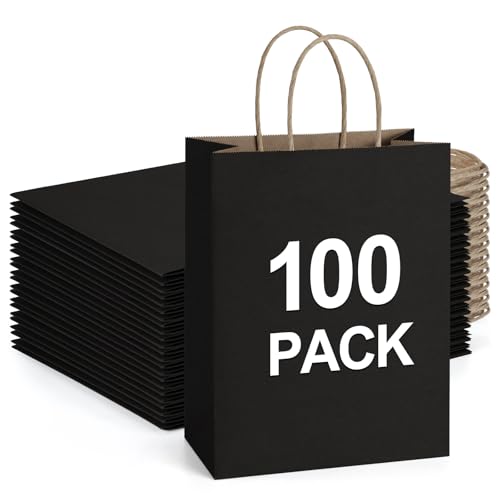 BagDream Recyclable Kraft Paper Gift Bag, 8x4.25x10.5 Inches, 100Pcs, Black, with Handles, Bulk, FSC Compliant, Multipurpose - Image 1