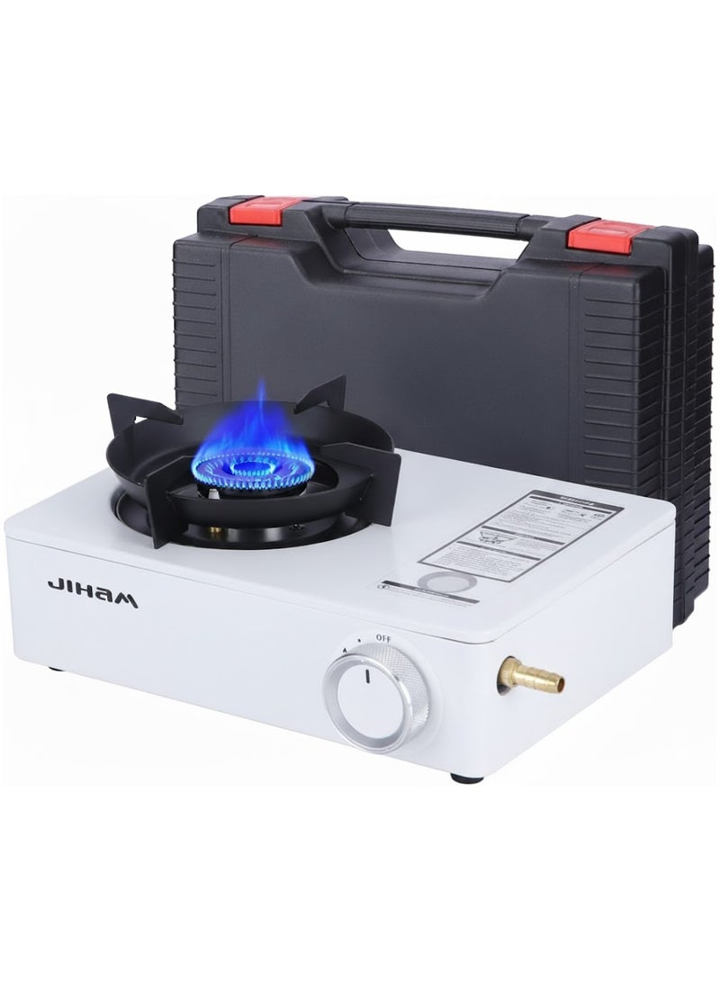 جيهام موقد غاز البوتان المحمول مع حقيبة حمل، موقد تخييم أحادي الشعلات للطهي في الهواء الطلق والشواء والسفر والنزهات، موقد غاز البوتان صغير الحجم وآمن للاستخدام المنزلي والتخييم، أبيض