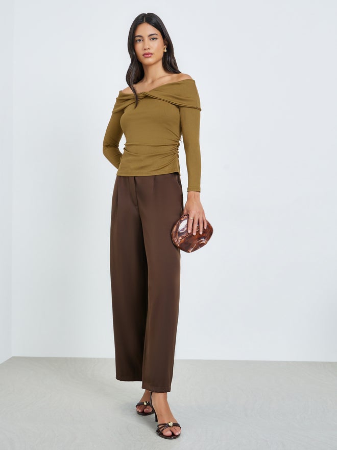 Styli Tan Off-Shoulder Twisted Front Knit Top - Image 2