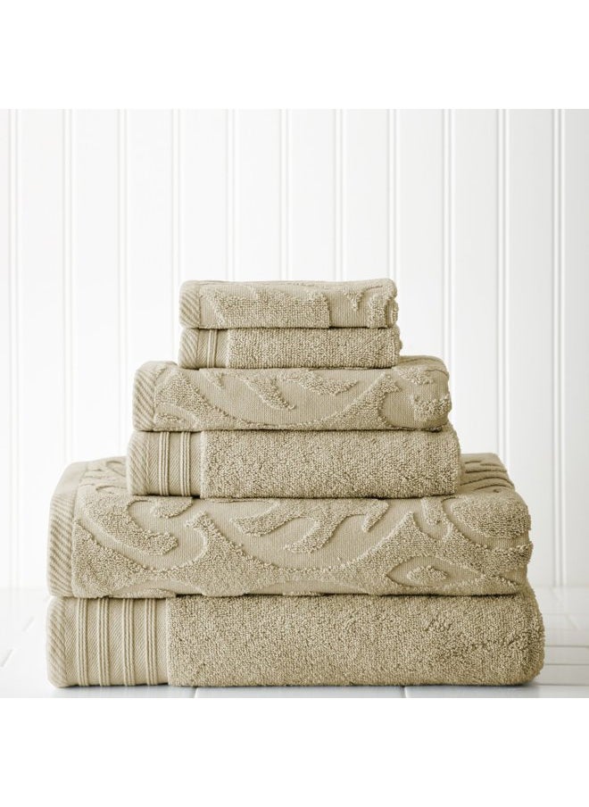 Modern Threads Modern Threads 6-Piece, 2 Bath Towels, 2 Hand Towels, 2 Washcloths, Medallion Jacquard/Solid Ultra Soft 550GSM 100% Combed Cotton Towel Set Taupe 