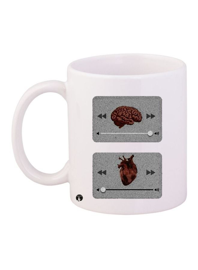 Brain Heart Printed Coffee Mug White/Grey/Brown 11ounce