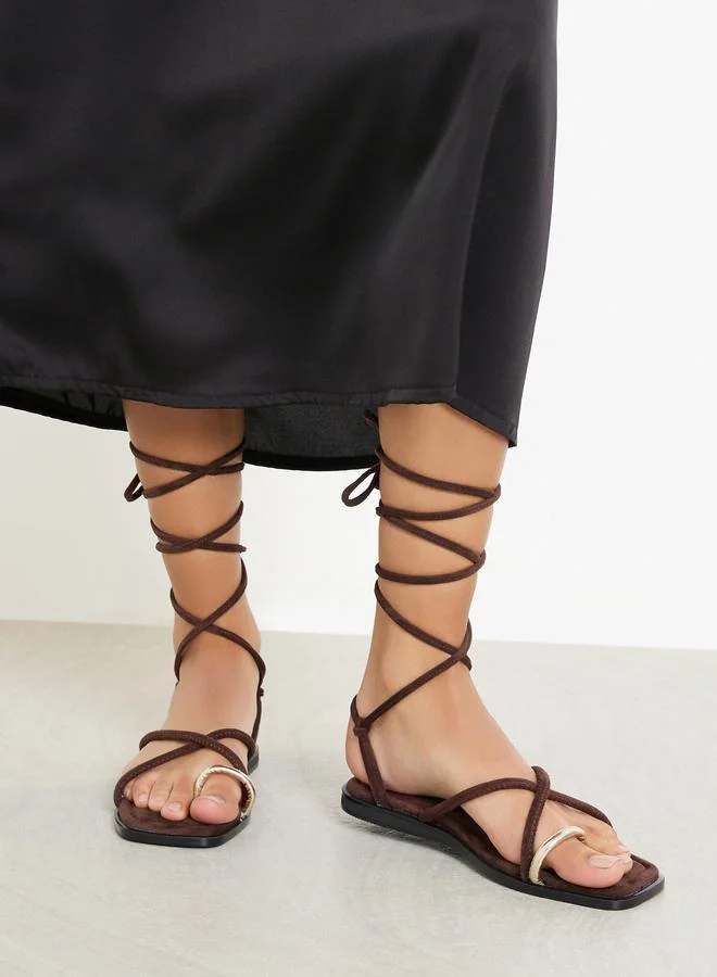 Styli Brown Tie-Wrap Toe Post Flat Sandals