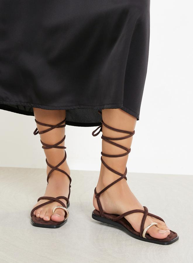 Styli Brown Tie-Wrap Toe Post Flat Sandals - Image 1