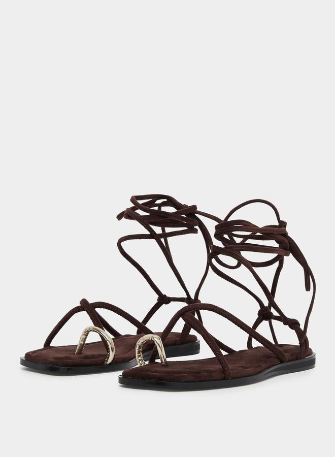 Styli Brown Tie-Wrap Toe Post Flat Sandals - Image 3