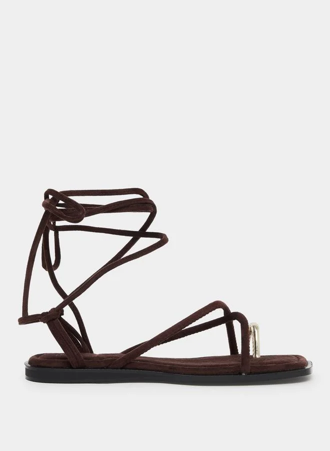 Styli Brown Tie-Wrap Toe Post Flat Sandals