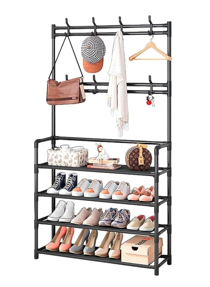 Spaceshoop Multifunctional Metal Shoe Rack, 4 Tier Storage Rack and 8 Hooks for Easy Installation and Save Space for Estrada Living Room Bedroom size (60 * 28 * 150) (multicolor) - Image 1
