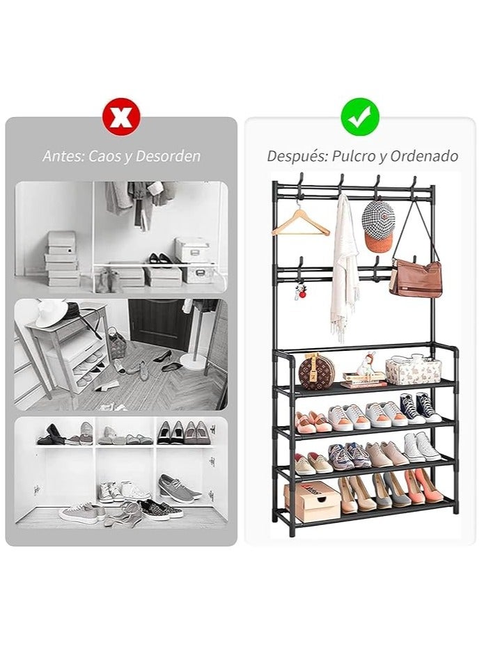 Spaceshoop Multifunctional Metal Shoe Rack, 4 Tier Storage Rack and 8 Hooks for Easy Installation and Save Space for Estrada Living Room Bedroom size (60 * 28 * 150) (multicolor) - Image 5