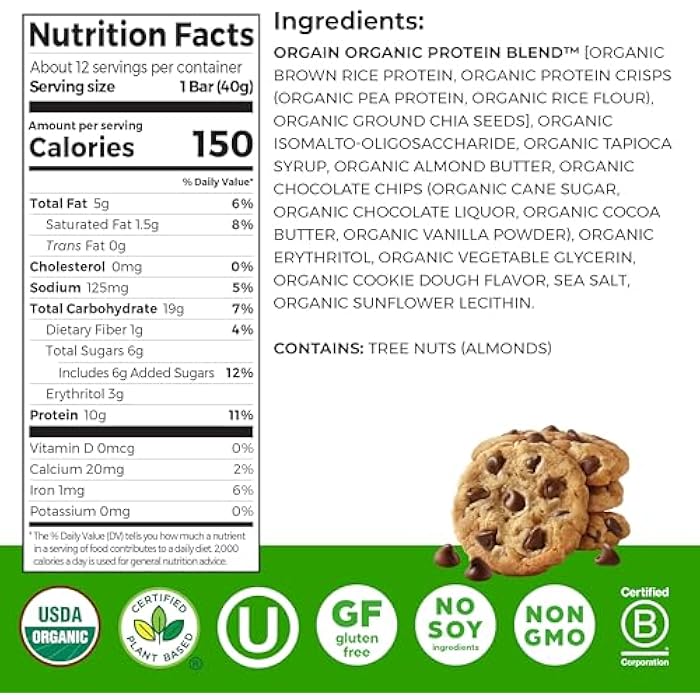 Orgain Organic Vegan Protein Bars, Chocolate Chip Cookie Dough - 10g Plant Based Protein, Low Calorie Healthy Snacks, No Lactose or Soy Ingredients, Gluten Free, Non-GMO - 1.41 Oz (Pack of 12) - Image 2