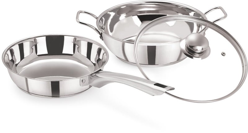 Pristine Induction Compatible Stainless Steel Sandwich Base Cookware Set| Fry Pan & Kadai with Glass Lid 22cm/2L (3 Pieces, Silver) - Image 1