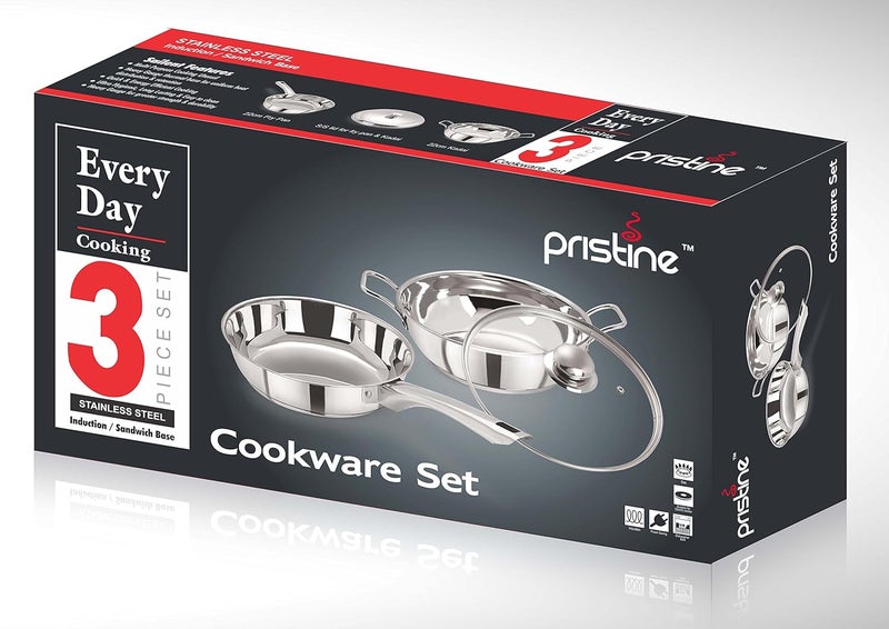 Pristine Induction Compatible Stainless Steel Sandwich Base Cookware Set| Fry Pan & Kadai with Glass Lid 22cm/2L (3 Pieces, Silver) - Image 2