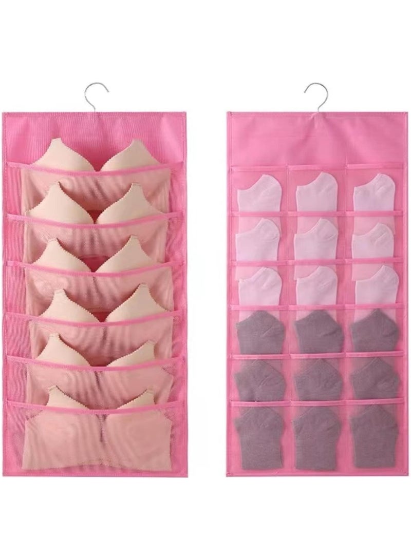 YelaJoy Bra and Underwear Hanging Storage Organizer Mesh Pockets Dual Sided Wall Shelves Space Saver Bag Sock Underpants Drawer Closet Clothes Rack (Pink:(6+18pockets))  - Image 1