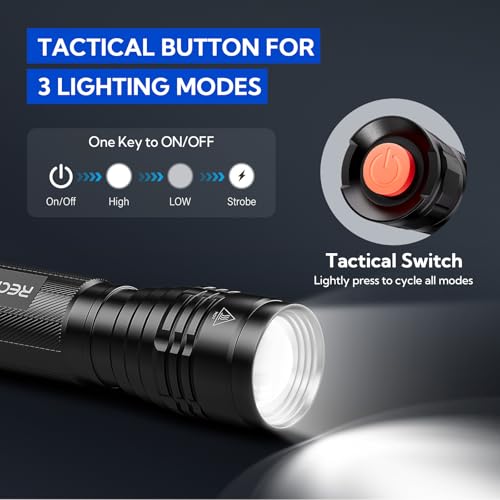 RECHOO S2000 LED Flashlight High Lumens, Super Bright, Powerful, Mid-Size Tactical Flashlight with 3 Modes, Zoomable, Water Resistant Flashlights for Home, Emergencies, Camping, Outdoor Use - Image 2