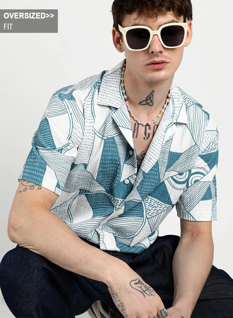 Campus Sutra Campus Sutra Men's Steel Blue Oversized Geometric Lined Shirt For Casual Wear | Cuban Collar | Short Sleeve | Button Closure | Shirt Crafted With Comfort Fit For Everyday Wear