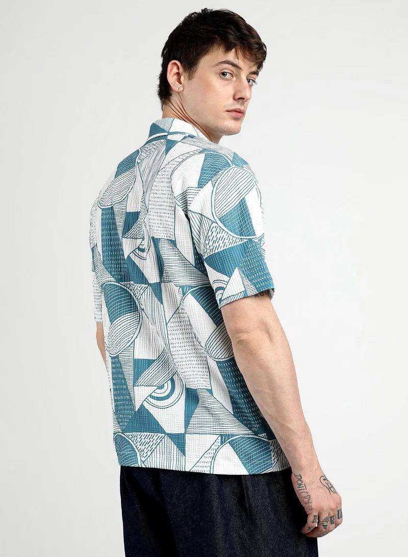 Campus Sutra Men's Steel Blue Oversized Geometric Lined Shirt