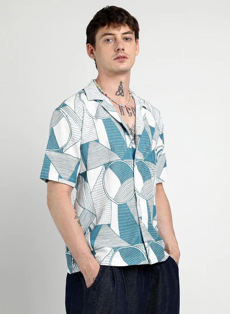 Campus Sutra Men's Steel Blue Oversized Geometric Lined Shirt