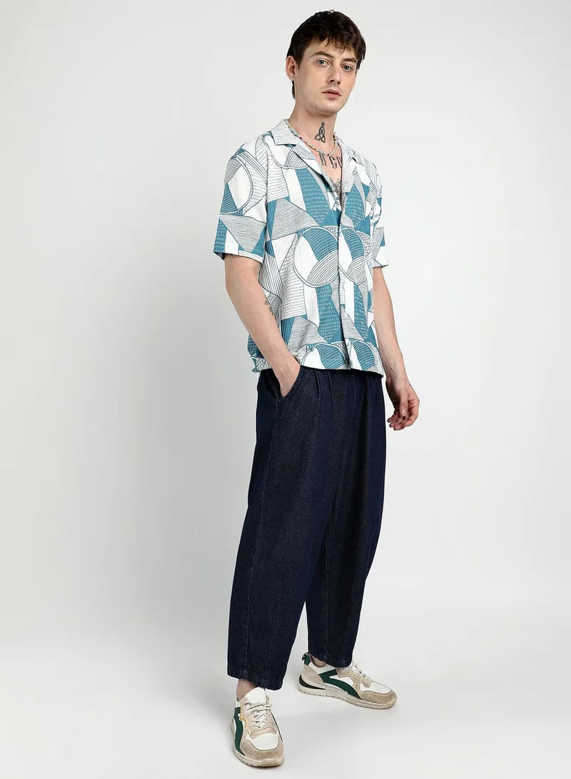 Campus Sutra Men's Steel Blue Oversized Geometric Lined Shirt