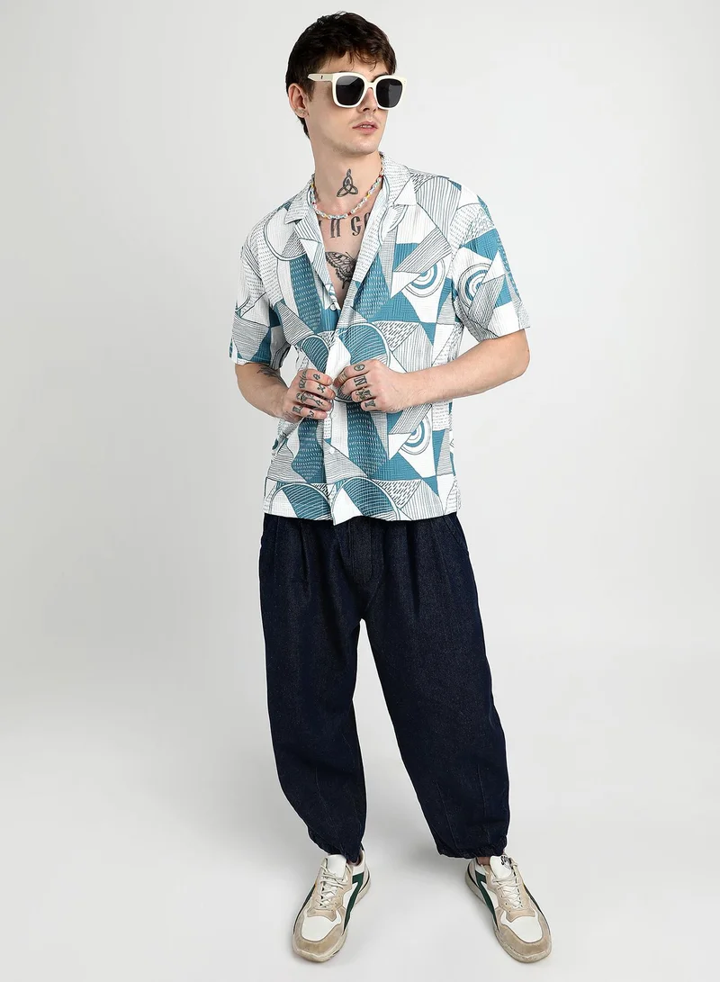 Campus Sutra Men's Steel Blue Oversized Geometric Lined Shirt