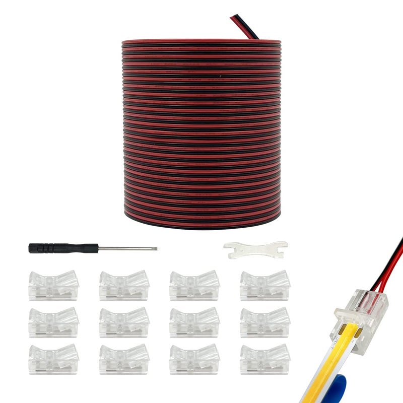 HAMRVL 10mm COB LED Strip Light Connectors Strip to Wire Solderless Transparent Track Lighting kit Adapter Connection with 6M1968ft Led Wire Extension Cable for 5050 Led Tape 1224V 2 Pin 10mm