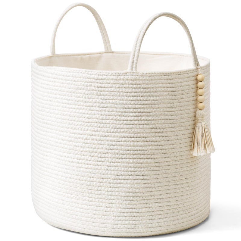 Mkono Woven Storage Basket Decorative Natural Rope Basket Wooden Bead Decoration for BlanketsToysClothesShoesPlant Organizer Bin with Handles Living Room Home Decor White 16 W  138 L