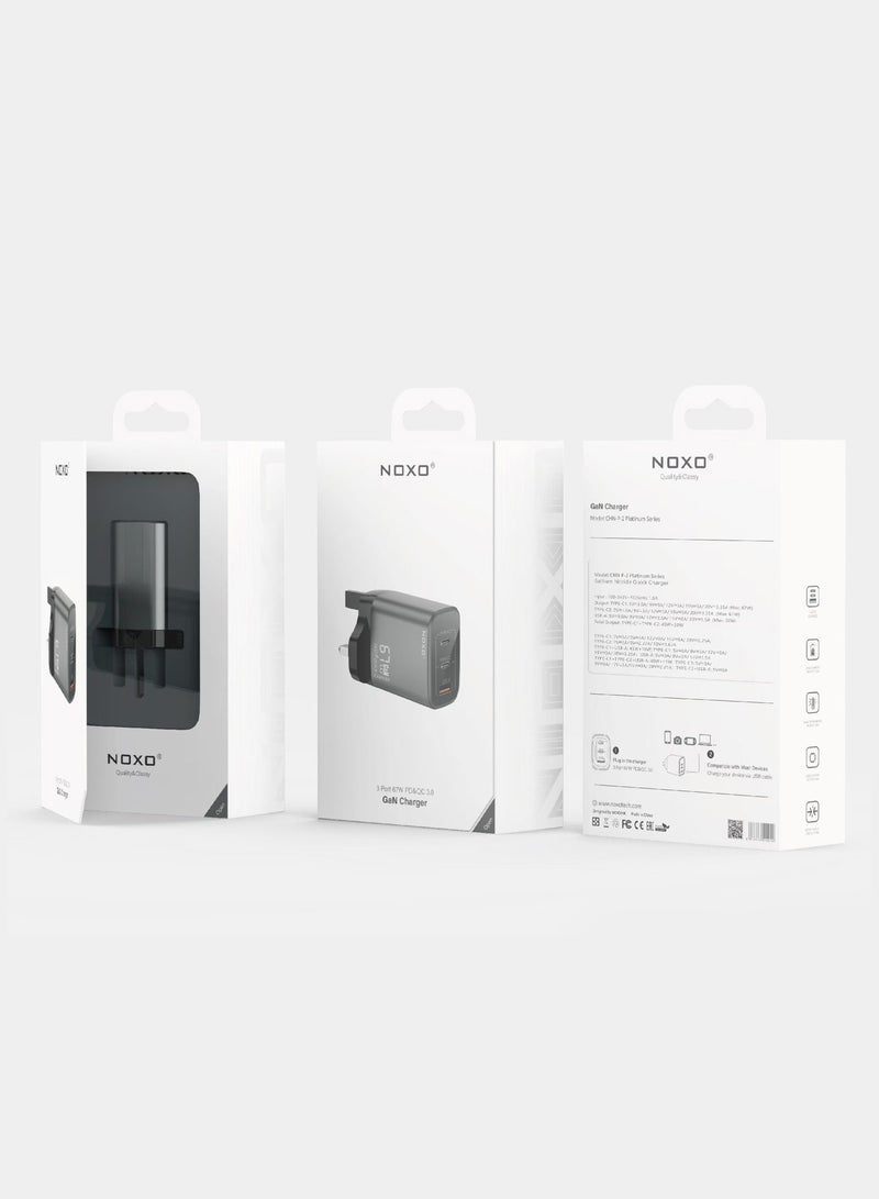NOXO Fast Charging Adapter 67W GaN 3-Port Fast Wall Charger with UK Pin Compact and Powerful  CHN-P-2 - Grey - Image 3