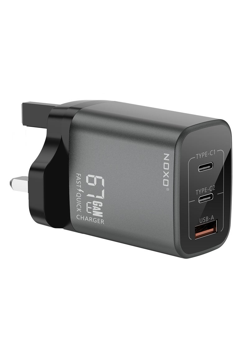 NOXO Fast Charging Adapter 67W GaN 3-Port Fast Wall Charger with UK Pin Compact and Powerful  CHN-P-2 - Grey - Image 1