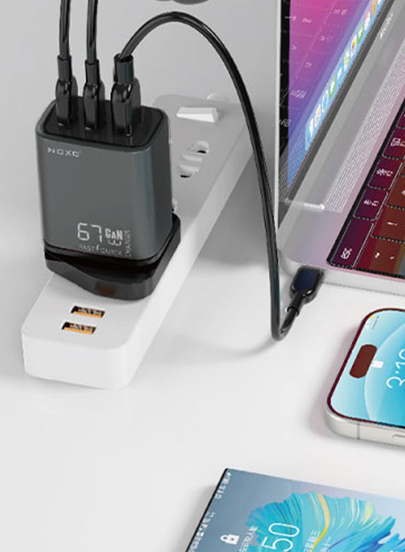 NOXO Fast Charging Adapter 67W GaN 3-Port Fast Wall Charger with UK Pin Compact and Powerful  CHN-P-2 - Grey - Image 4