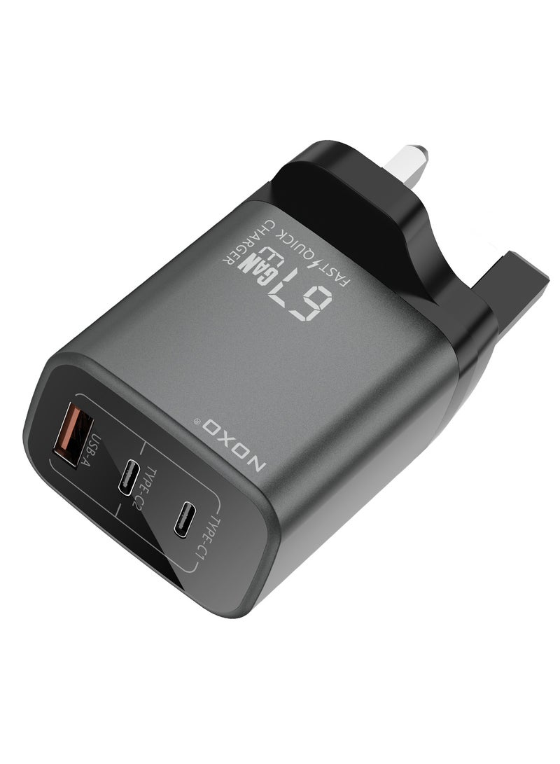 NOXO Fast Charging Adapter 67W GaN 3-Port Fast Wall Charger with UK Pin Compact and Powerful  CHN-P-2 - Grey - Image 2