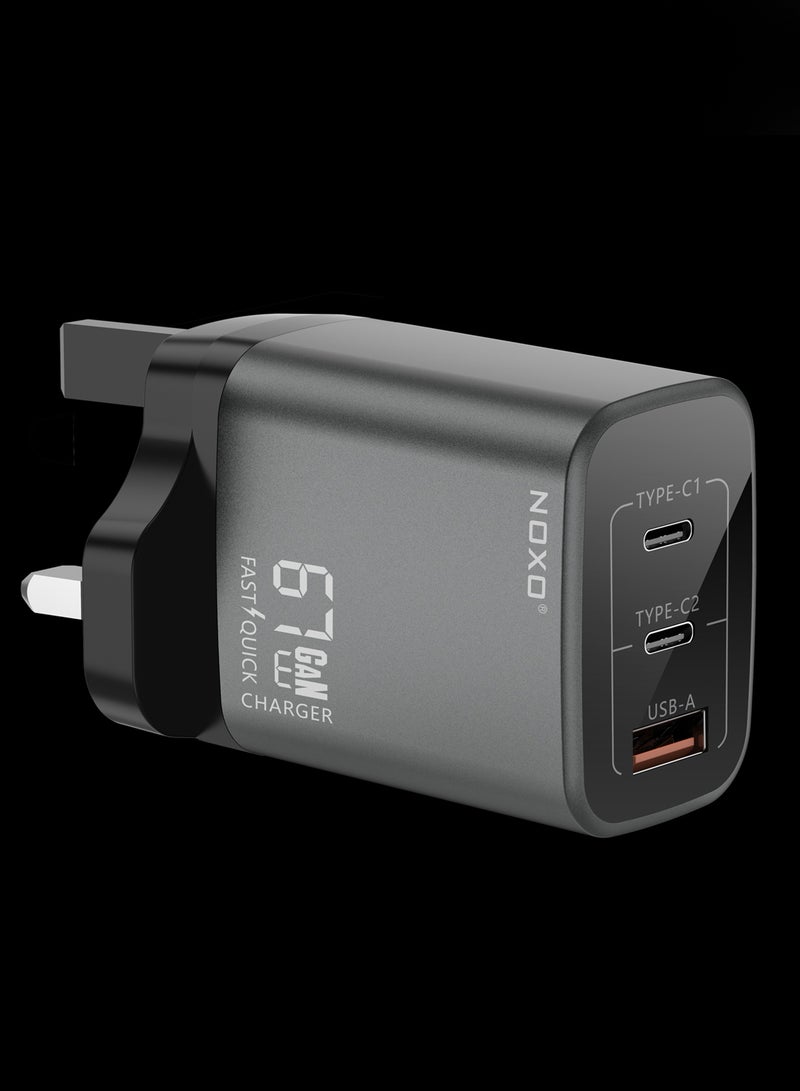 NOXO Fast Charging Adapter 67W GaN 3-Port Fast Wall Charger with UK Pin Compact and Powerful  CHN-P-2 - Grey - Image 5