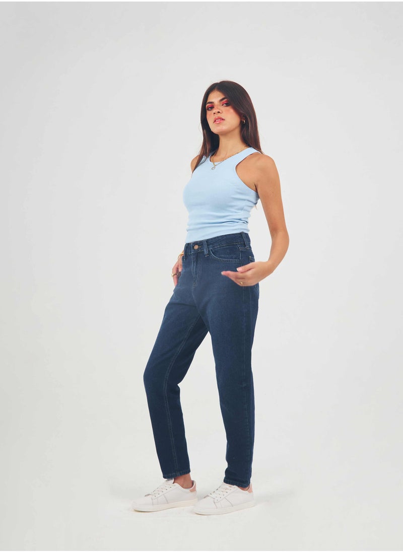 CIZARO بنطلون جينز بقصة Mom Fit باللون الأزرق الداكن بخصر مرتفع  - Image 1