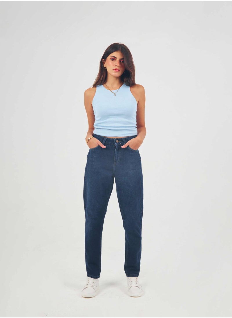 CIZARO بنطلون جينز بقصة Mom Fit باللون الأزرق الداكن بخصر مرتفع  - Image 3