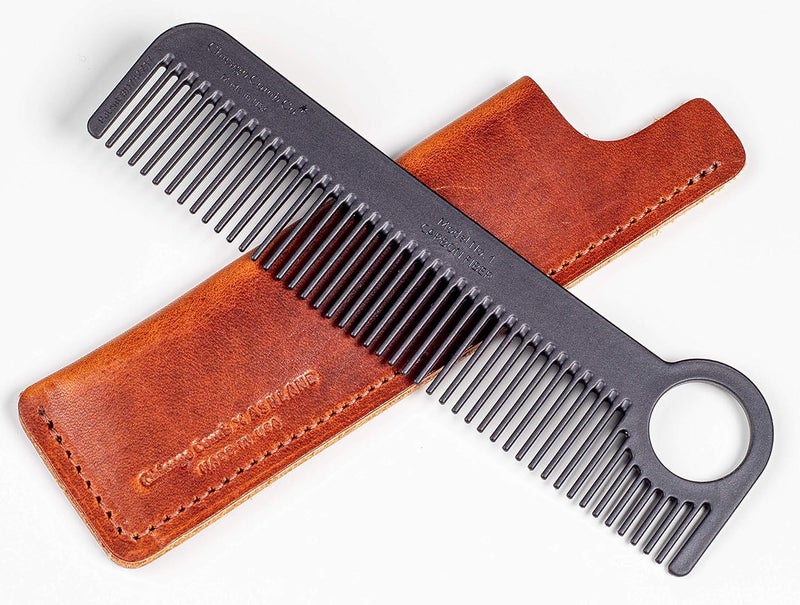 Chicago Comb Model 1 Carbon Fiber Comb  English Tan Horween leather sheath Made in USA ultimate pocket and travel comb smooth strong  light antistatic premium American leather sheath