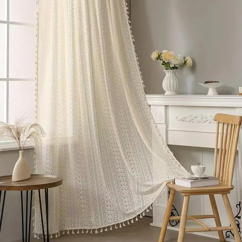 Deeprove Boho Sheer Curtains 84 Inches Long for Bedroom Crochet Knitting Cotton Macrame Lace with Handmade Tassels Vintage Semi Hollow Striped Retro Window Treatment W59 x L84 Beige 1 Panel