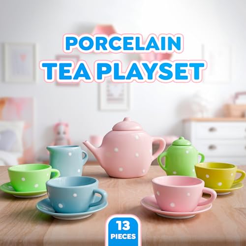 Lollipop Porcelain Tea Set for Little Girls Kids Tea Party Toy with Teacups and Saucers Delightful Girls Tea Set for Ages 412 Charming Porcelain Tea Cups for Childs 13 pcs Teacups Sets - Image 5
