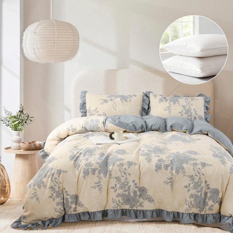Oli Anderson 5 Piece Floral Comforter Set, Vintage Botanical Print Bedding Set, Farmhouse Lightweight Cottagecore Bed in a Bag with 1 Ruffle Flowers Comforter, 2 Pillowcases, 2 Pillows (Blue, Queen) - Image 1